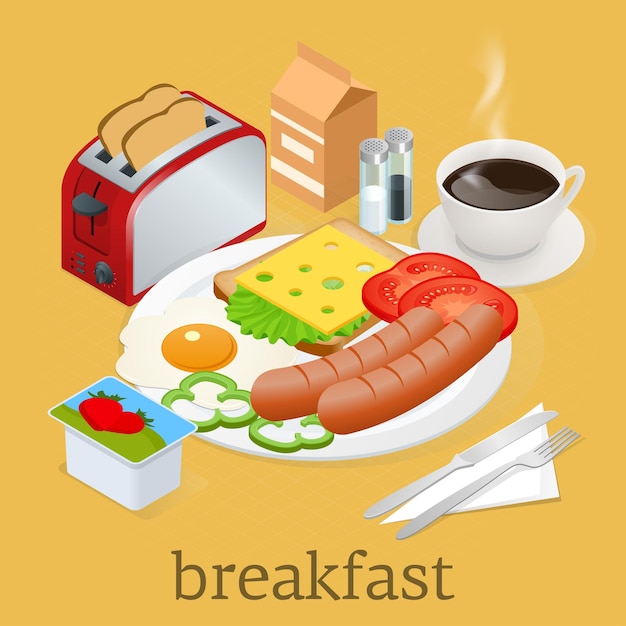 Vector isometrische ontbijt en keuken apparatuur pictogrammen instellen. engels ontbijt met gebakken eieren, spek, worstjes, bonen, toast, koffie en frisse salade. vector illustratie