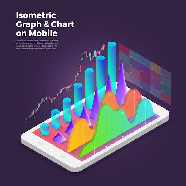 Isometrische ontwerpconcept mobiele applicatie analytics tools.