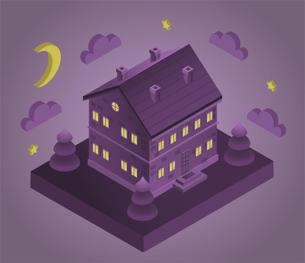 Isometrische paarse twee opgeslagen huis 's nachts