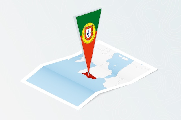 Vector isometrische papieren kaart van portugal met driehoekige vlag van portugal in isometrische stijl kaart op topografische achtergrond