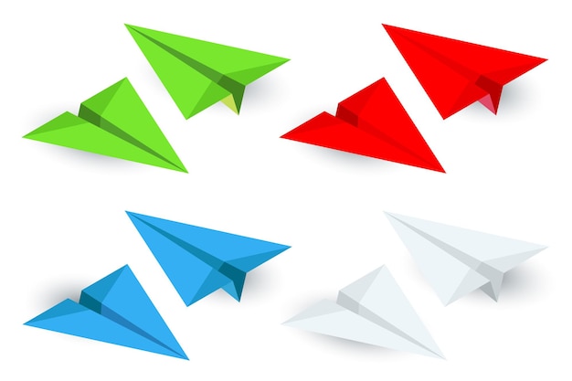 Isometrische papieren vliegtuigen pictogrammenset in eenvoudige vlakke stijl vectorillustratie.