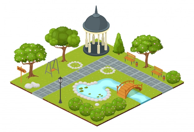 Isometrische park illustratie. Cartoon 3d stad natuurkaart landschap geïsoleerd op wit, groene tuin boom en gras, fontein buiten zwembad met kleine brug, tuinhuisje en banken