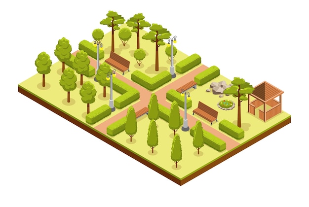 Isometrische parksamenstelling met geïsoleerd rechthoekig platform en segment van stadspark met bomen en banken vectorillustratie