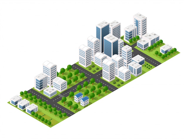 Isometrische perspectiefstad met straten, huizen, wolkenkrabbers