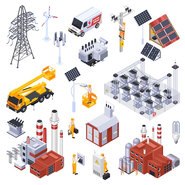 Vector isometrische pictogrammen instellen met elektriciteitsproductie apparatuur elektriciteitscentrale elektricien geïsoleerd op een witte achtergrond 3d vectorillustratie