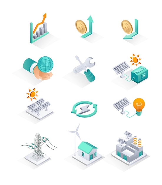 Isometrische pictogrammensets zonnepanelen en elektriciteit
