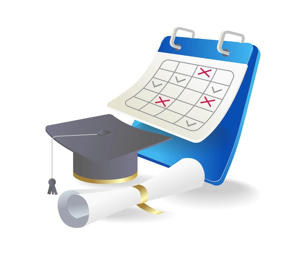 Isometrische platte 3d concept illustratie van afstuderen kalender studeren op school