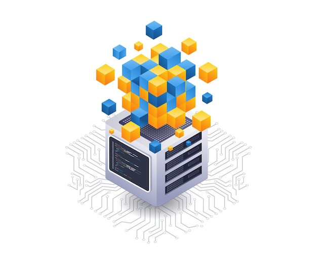 Isometrische platte illustratie van blockchain-servertechnologie