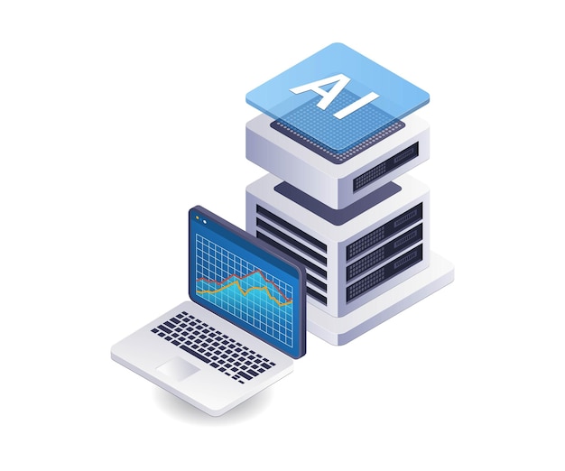 Isometrische platte illustratie van servertechnologie voor de analyse van kunstmatige intelligentie