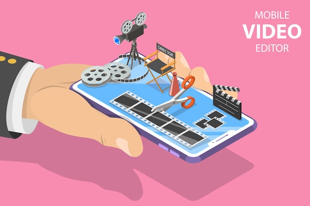 Isometrische platte vector concept van videobewerking app multimedia productie video bloggen