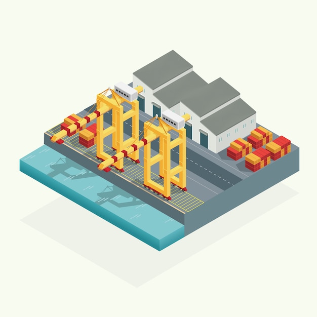 Isometrische, port-ladingskraan en pakhuiscontainer in het oceaanvervoer. illustratie vector