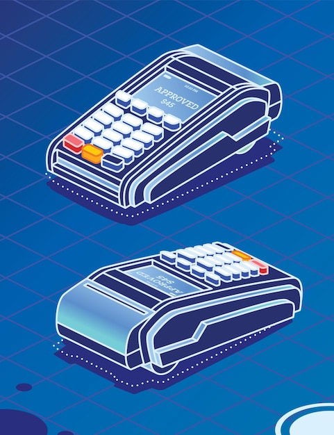 Isometrische POS-terminal op blauwe achtergrond Betaalautomaat