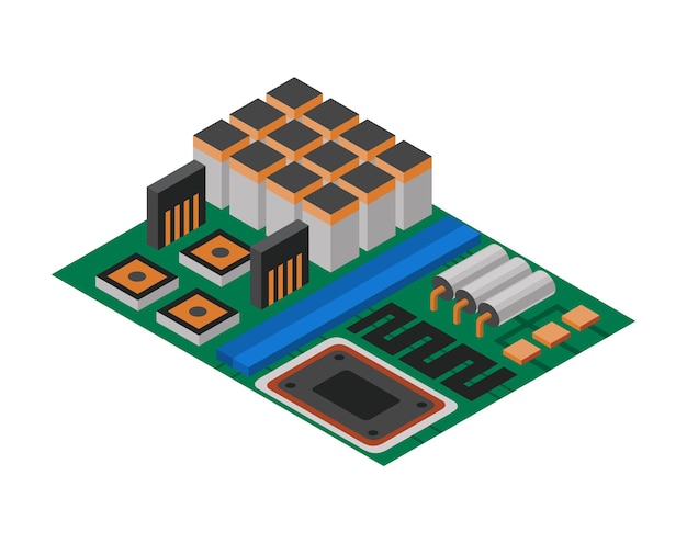 Isometrische printplaat met elektronische componenten. computerchiptechnologie processorcircuit en computer moederbord informatiesysteem. elektronische 3d geïsoleerde compositie