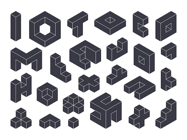Isometrische puzzel blokken spel geometrische vormen 3d constructor blokken elementen vector illustratie