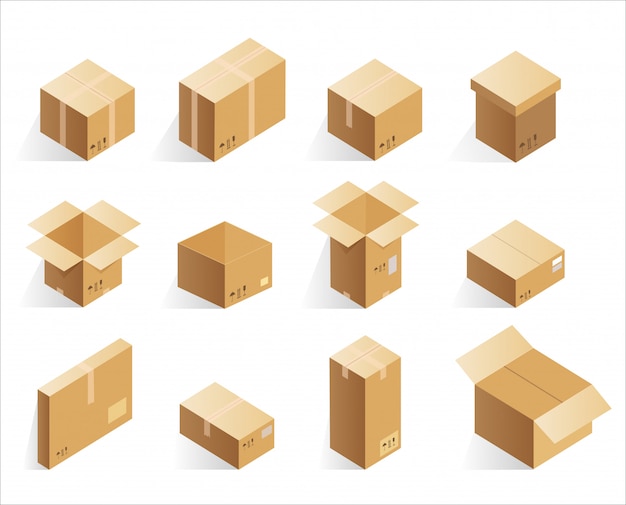 Isometrische realistische kartonnen bezorgdozen. Geopende, gesloten logistieke doos.