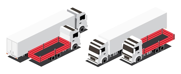 Vector isometrische rode flatbed cargo truck en truck trailer met container commercial transport logistics