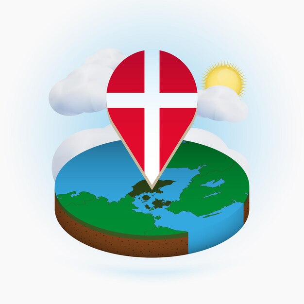 Isometrische ronde kaart van Denemarken en puntmarkering met vlag van Denemarken Wolk en zon op achtergrond