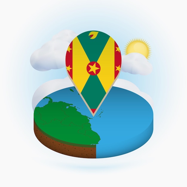 Isometrische ronde kaart van Grenada en puntmarkering met vlag van Grenada Cloud en zon op achtergrond