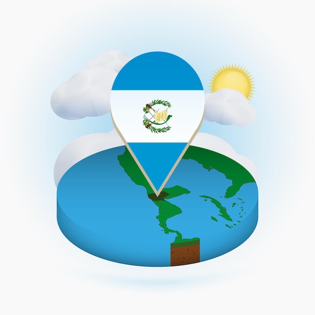 Isometrische ronde kaart van guatemala en puntmarkering met vlag van guatemala cloud en zon op achtergrond