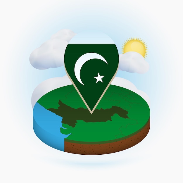 Isometrische ronde kaart van pakistan en puntmarkering met vlag van pakistan cloud en zon op achtergrond