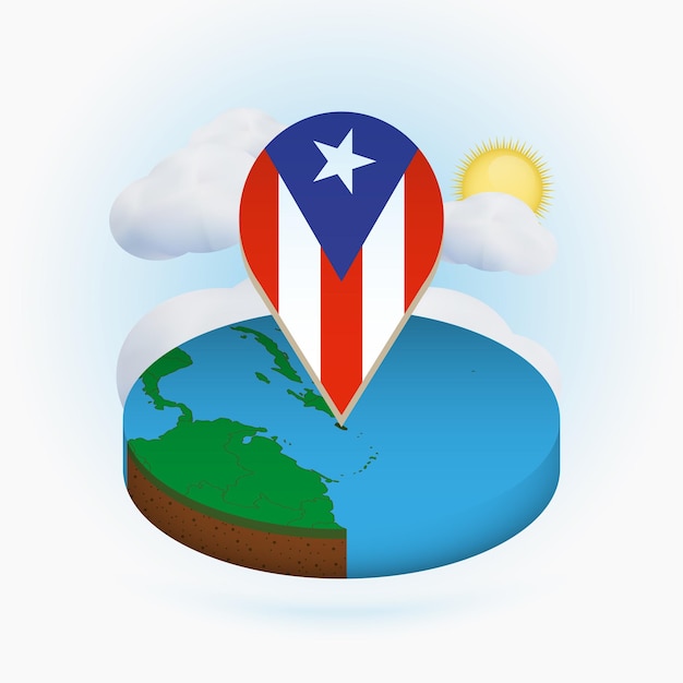 Isometrische ronde kaart van Puerto Rico en puntmarkering met vlag van Puerto Rico Cloud en zon op achtergrond