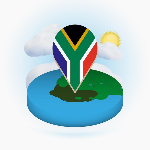 Isometrische ronde kaart van zuid-afrika en puntmarkering met vlag van zuid-afrika wolk en zon op achtergrond