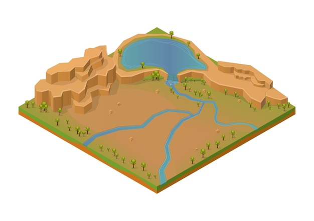 Isometrische rotsberg met meer en rivier.