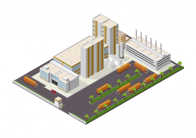 Isometrische samenstelling van industriële gebouwen met uitzicht op de faciliteiten