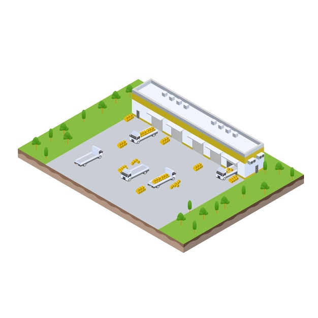 Isometrische scène van vrachtwagen bij het lossen van de logistieke hal van het magazijn in de bedrijfsactiviteiten