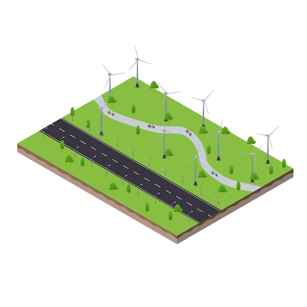 Isometrische scène van windturbines die elektriciteit opwekken en een fietspad