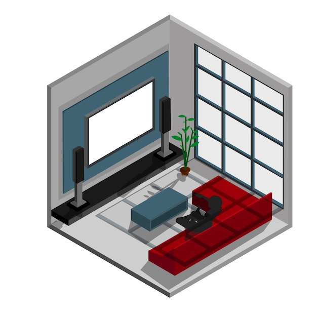 isometrische scène van woonkamer met bank en televisie