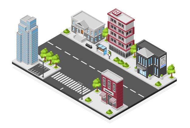 Isometrische sectie van een stadsstraatcompositie op witte achtergrond