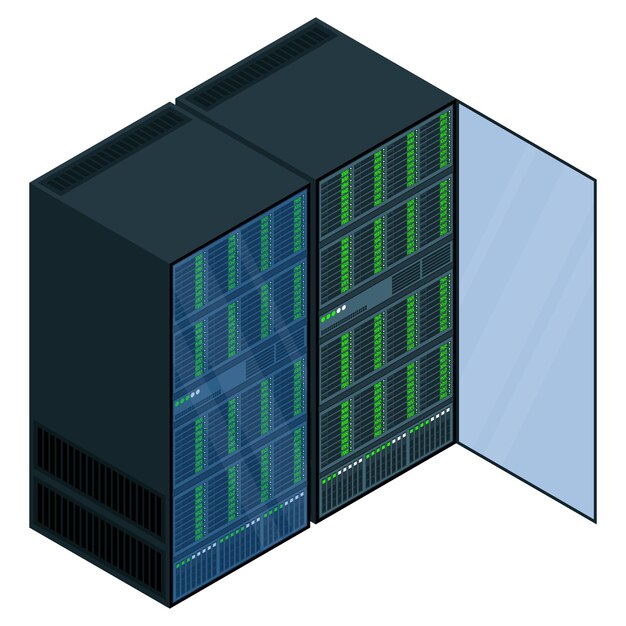 Isometrische server netwerkserverruimte 3d-computerapparatuur opslagdatabase isometrische technologie vectorillustratie