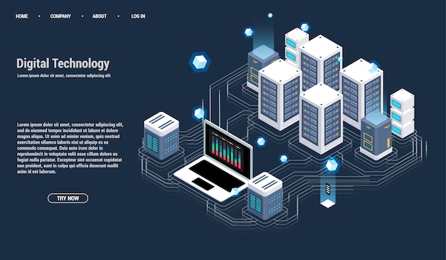 Isometrische serverruimte en groot gegevensverwerkingsconcept, datacenter en databasepictogram