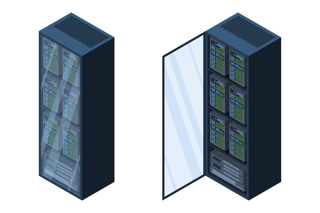 Isometrische servers gegevensopslag 3d-computerapparatuur opslagdatabase apparatuur servernetwerk big data-illustratie