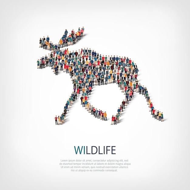 Isometrische set stijlen elanden, dieren in het wild, web infographics concept van een druk plein