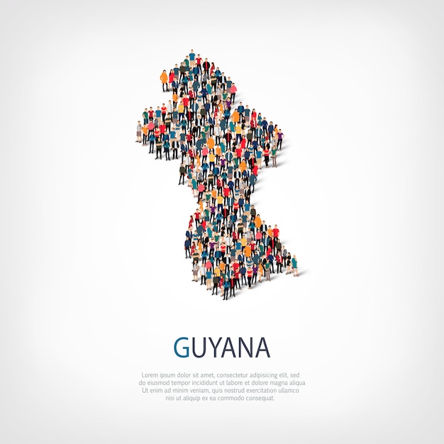 Isometrische set stijlen, mensen, kaart van guyana, land, web infographics concept van drukke ruimte. menigtepuntengroep die een vooraf bepaalde vorm vormt. creatieve mensen.