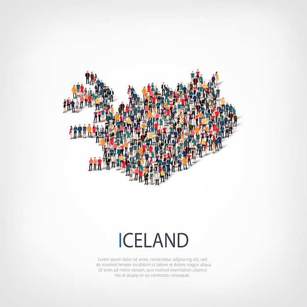 Vector isometrische set stijlen, mensen, kaart van ijsland, land, web infographics concept van drukke ruimte. menigtepuntengroep die een vooraf bepaalde vorm vormt. creatieve mensen.