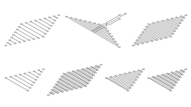 Isometrische set van abstracte vormen van roosters en strepen met ringen aan uiteinden geïsoleerd op witte achtergrond Clipart