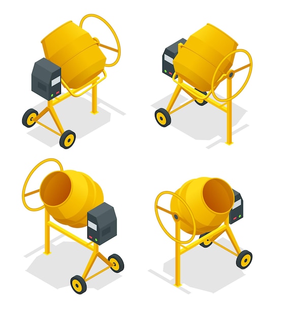 Isometrische set van betonmixer pictogram voor web. cement mixer vector, gieten cement geïsoleerd witte achtergrond.