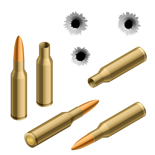 Vector isometrische shot gun kogels en kogelgaten geïsoleerd op een witte achtergrond. munitie, geweren, militaire illustratie.