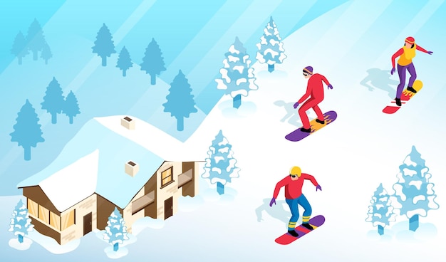 Vector isometrische skigebied concept met snowborders op een besneeuwde heuvel en alpine huis op achtergrond vectorillustratie