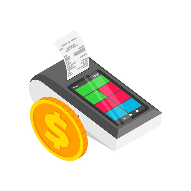 Isometrische slimme betaalterminal met gouden munt