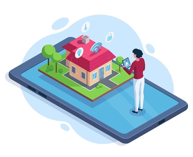 Isometrische smart house security werkruimte technologie concept. Slim huis bestuurd via gadget app vectorillustratie. Slim huisveiligheidssysteem. Slimme technologie voor huisbeveiliging