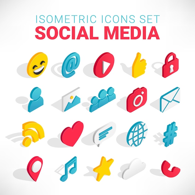 Isometrische sociale media icon set. 3D met chat, video, mail, telefoon, hashtag, zoals muziekbord