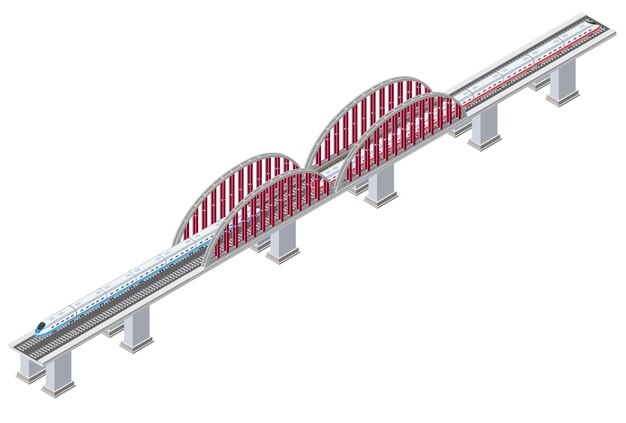 Isometrische spoorweglocomotief vervoer spoorbrug driedimensionaal met trein en steunen