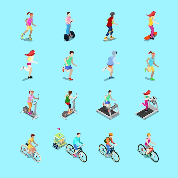 Isometrische sportieve mensen instellen. lopende mensen, fietser op de fiets, fitness van de vrouw, vrouw op skateboard, man op rolschaatsen. 3d-vlakke afbeelding