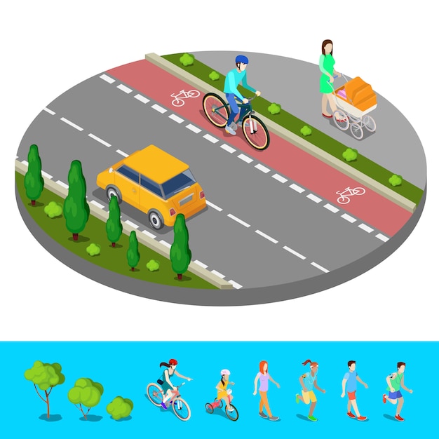 Isometrische stad. fietspad met fietser. voetpad met moeder en kinderwagen. vector illustratie