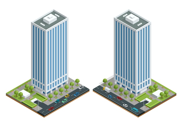 Isometrische stad herbergt samenstelling met gebouw en weg geïsoleerde vectorillustratie. Collectie van stedelijke elementen architectuur, huis, weg, kruispunt, verkeerslicht en auto's.