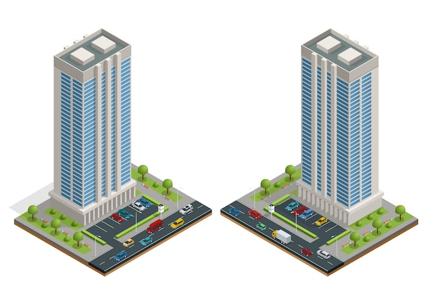 Isometrische stad herbergt samenstelling met gebouw en weg geïsoleerde vectorillustratie. collectie van stedelijke elementen architectuur, huis, weg, kruispunt, verkeerslicht en auto's.